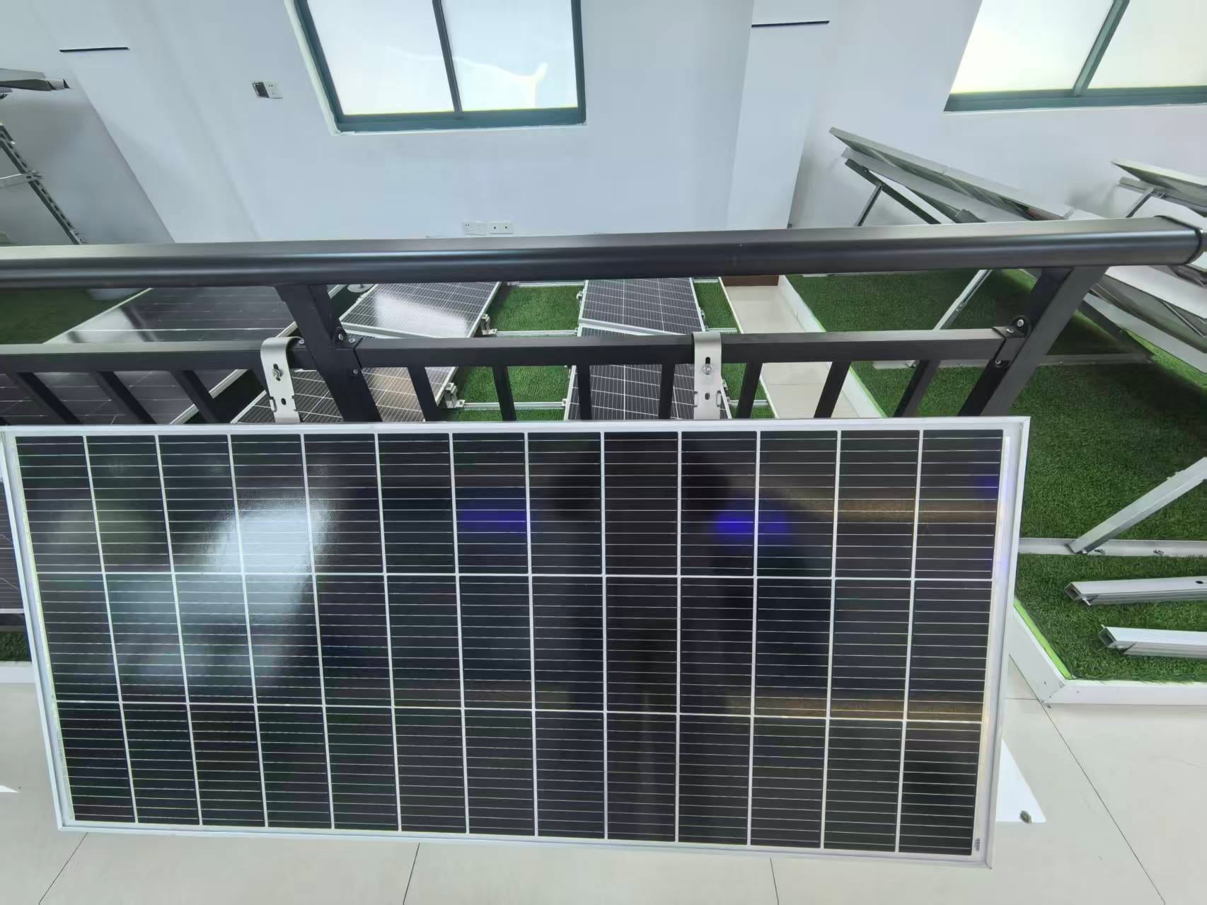 Balcony solar panel mounted on showroom railing display