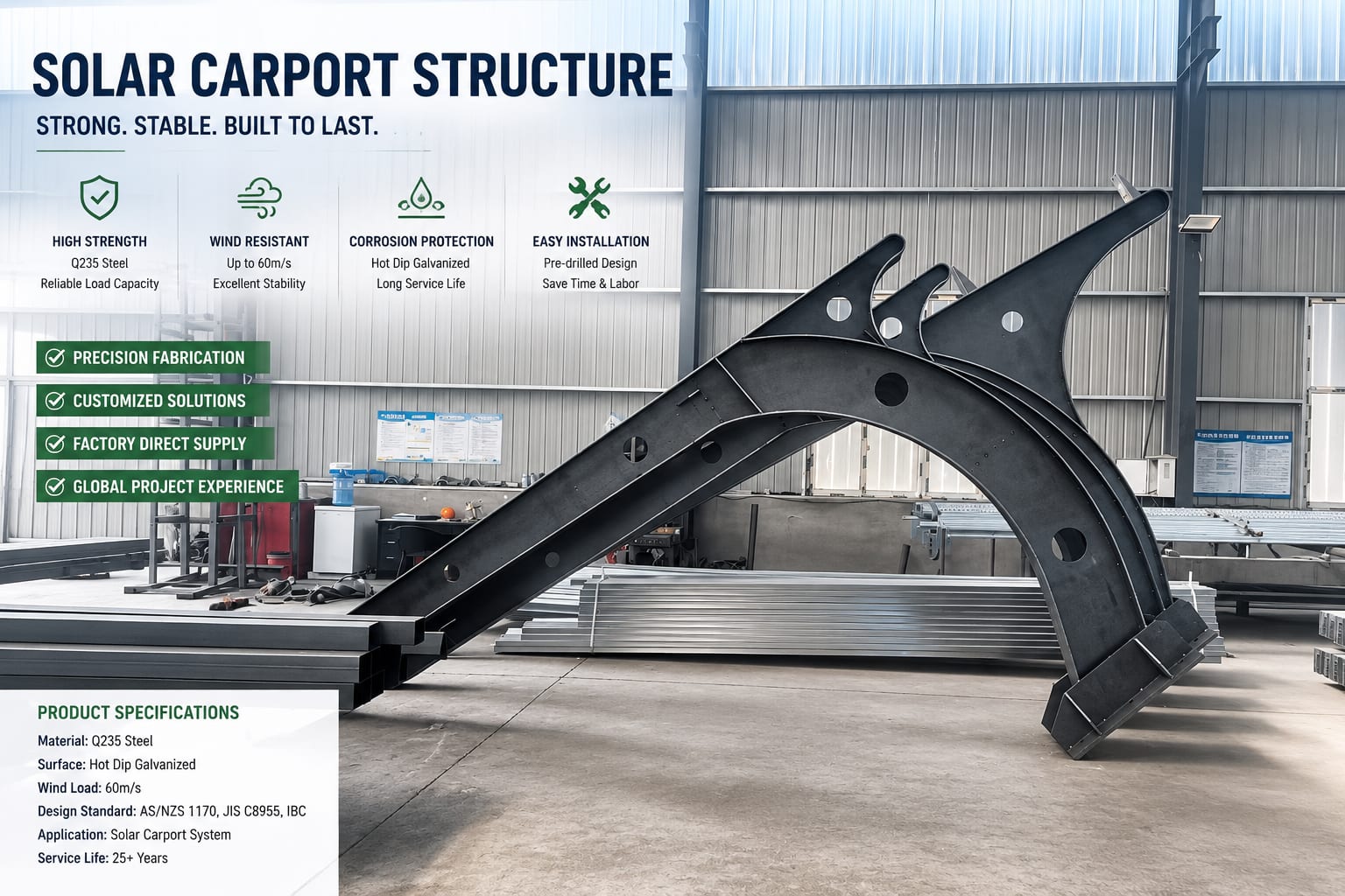 Solar carport structure with hot-dip galvanized steel frame