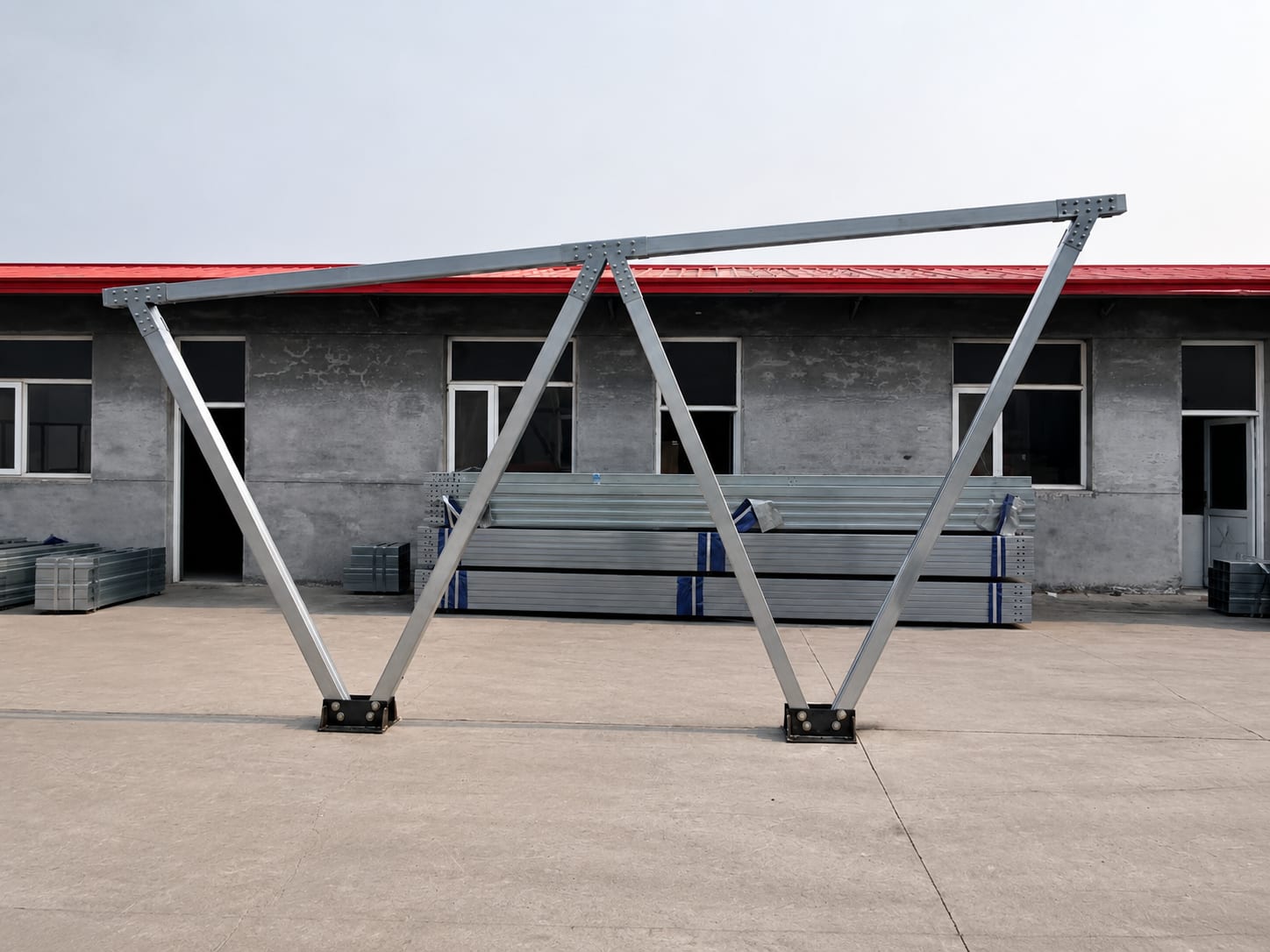 Carport steel frame assembled outdoors