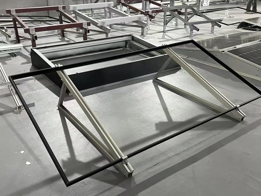 Triangular A-frame flat roof mounting structure with glass panel