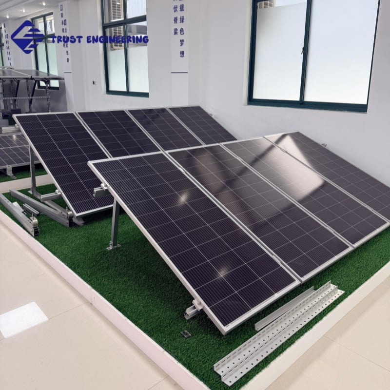 Showroom display of tilted flat roof solar mounting system