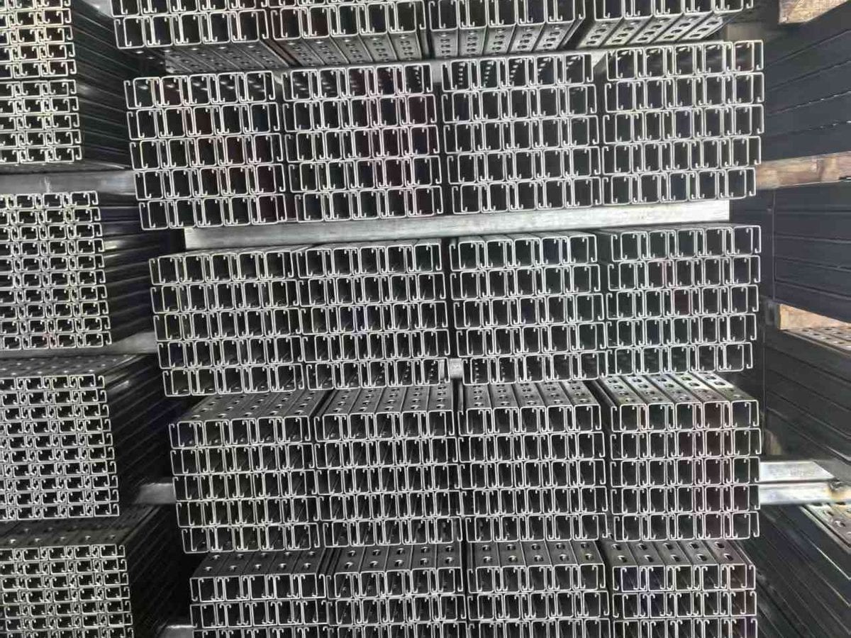 Stacked steel channels in warehouse
